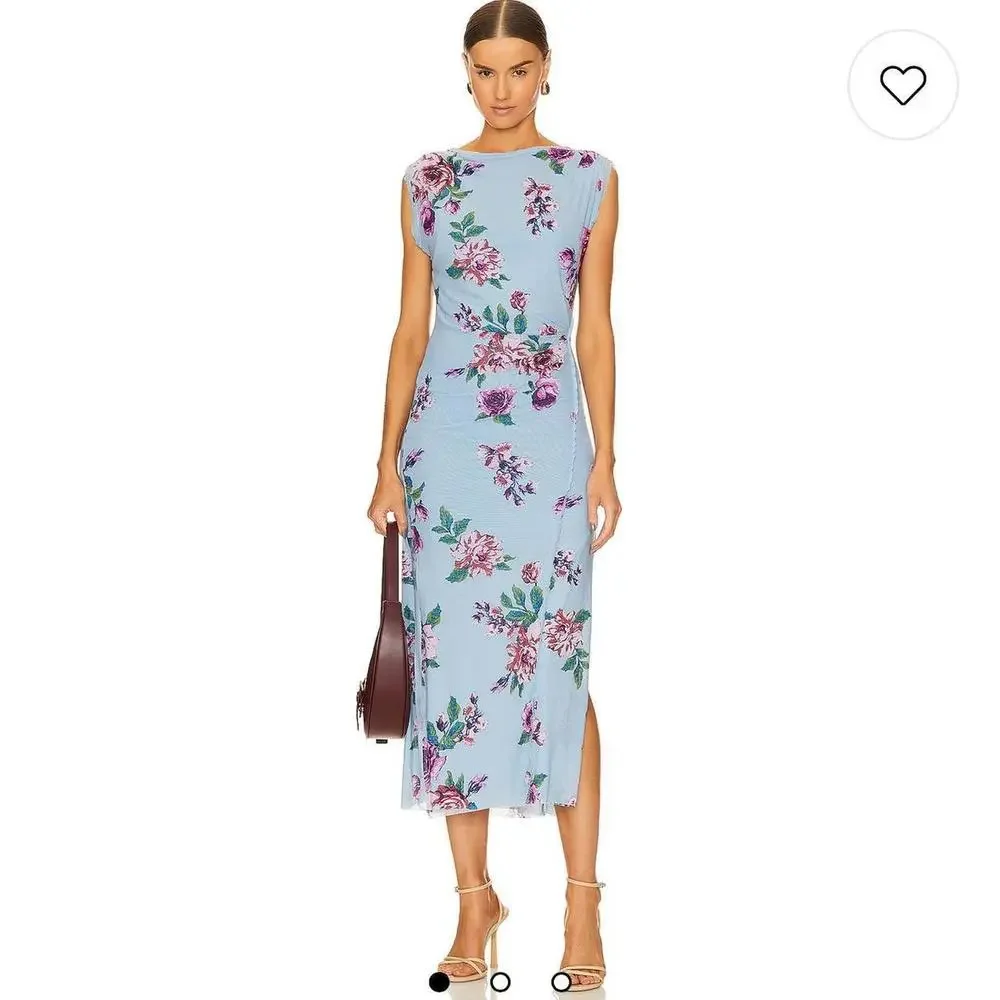 Free People Light Blue Floral Sleeveless Maxi Dress with Purple Roses